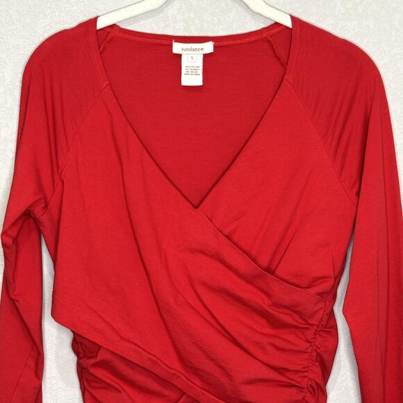 Sundance Top Womens Small Red Long Sleeve Ruched Surplice Wrap Style Party - Picture 4 of 6
